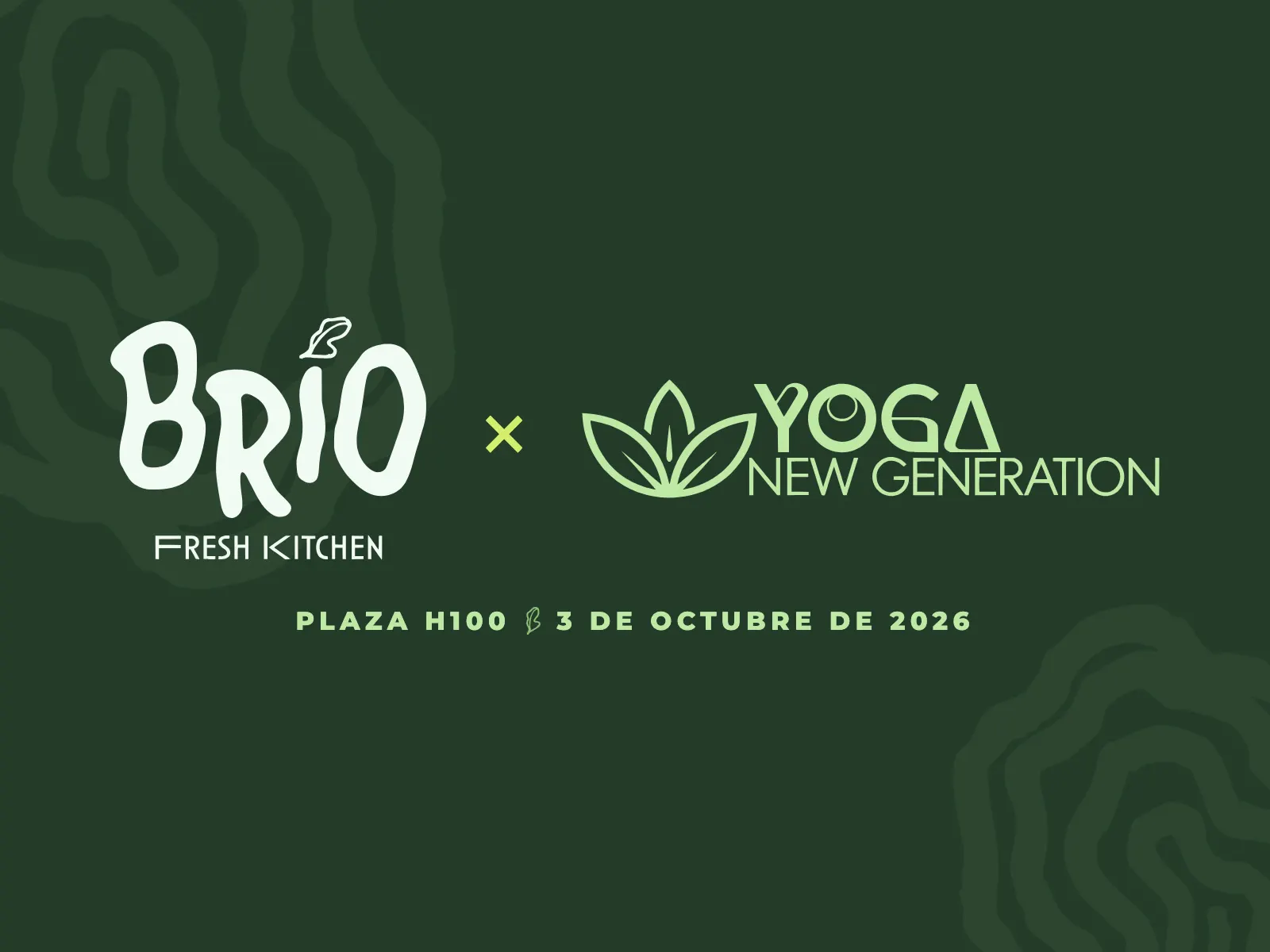 Los logos de Brío Fresh Kitchen y Yoga New Generation, con el lugar y la fecha de la clase